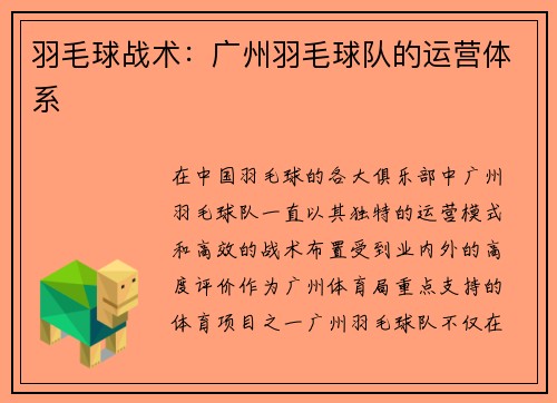 羽毛球战术：广州羽毛球队的运营体系