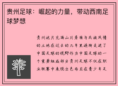 贵州足球：崛起的力量，带动西南足球梦想