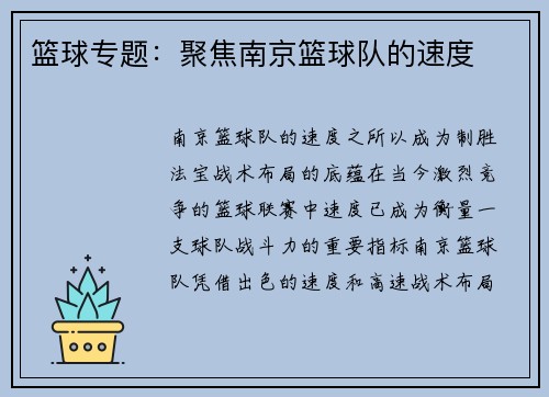 篮球专题：聚焦南京篮球队的速度